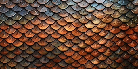 a horizontal format of hammered copper scales as a background in a Decor-themed, photorealistic illustration in JPG. Generative ai