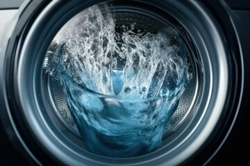 Washing machine drum with clean water flow and splashes. Laundry, washing powder concept. AI generated, human enhanced - obrazy, fototapety, plakaty