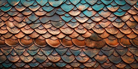 a horizontal format of hammered copper scales as a background in a Decor-themed, photorealistic illustration in JPG. Generative ai