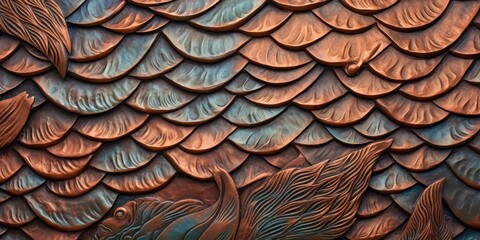 Fototapeta premium a horizontal format of hammered copper scales as a background in a Decor-themed, photorealistic illustration in JPG. Generative ai