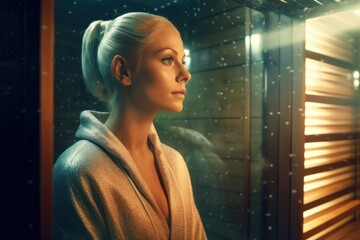A woman in a bathrobe looks out of the sauna window at the snow. AI generated, human enhanced - obrazy, fototapety, plakaty