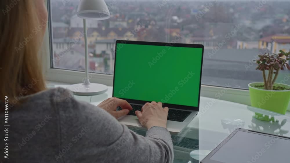 Aufkleber entrepreneur sitting at workplace typing on keyboard computer with green display workspace with windows in apartment