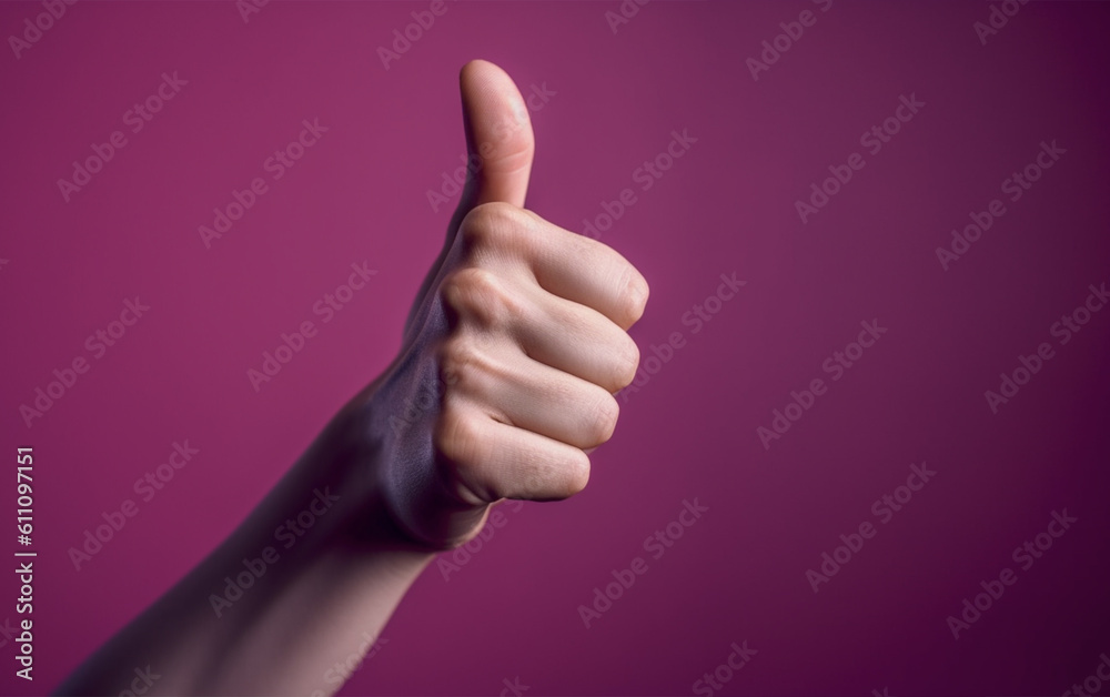Wall mural hand with thumb up on magenta isolated background.close up view.copy and text space.created with gen