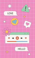 Vaporwave Music Template Social Media Stories. Retro Desktop with Frames, Playlist and Player Elements. Vector Abstract Aesthetic Background Nostalgic for 90s