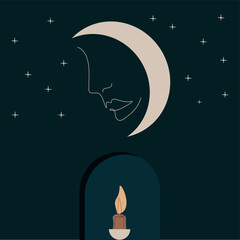 Minimalist wall art, abstract landscape for the interior. Night landscape. Modern vector for printing in linear style.