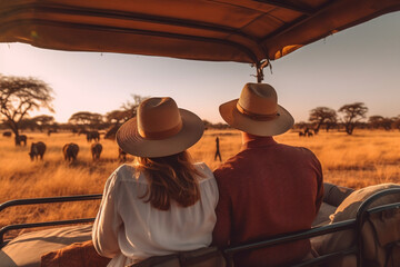 a white couple on a safari jeep wildlife in the background - obrazy, fototapety, plakaty