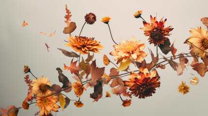 Beautiful autumn flowers and leaves.Brown pastel Chrysanthemum flower. Generative AI.