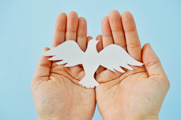 White paper origami bird on blue background. World Day of Peace. Day Against Humiliation. International Day Of Human Fraternity. International Day of Living Together in Peace
