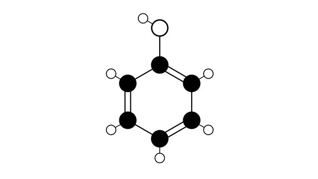 phenol molecule, structural chemical formula, ball-and-stick model, isolated image carbolic acid
