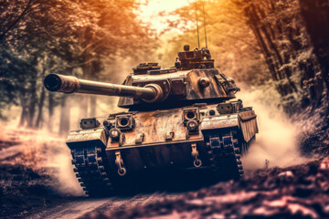 Main battle tank drives on a spectacular battlefield