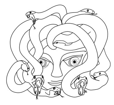 Cara de medusa con pelo de serpiente. Vista frontal. Medusa con cabeza de serpiente. Mirada frontal. Ilustración de línea negra. Imagen sin fondo 