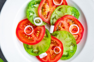 fresh tomato salad red and green fruit vegetable dish healthy meal food snack on the table copy space food background rustic top view 