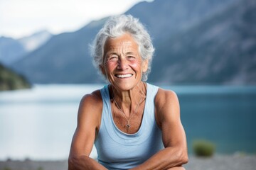 Fototapeta na wymiar Lifestyle portrait photography of a grinning old woman wearing a sporty tank top against a serene alpine lake background. With generative AI technology