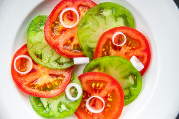 fresh tomato salad red and green fruit vegetable dish healthy meal food snack on the table copy space food background rustic top view 