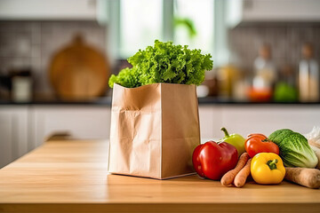 Fresh vegetables in an ecological bag on the table, generative  ai