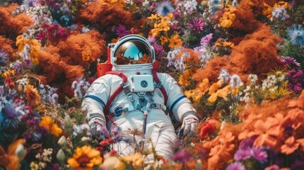 an Astronaut lying in a field of colorful flowers, Space botanical-themed,  photorealistic illustrations in JPG. Generative AI