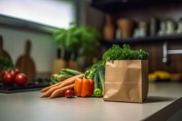Fresh vegetables in an ecological bag on the table, generative  ai