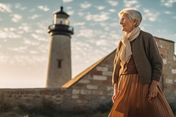 Lifestyle portrait photography of a glad old woman wearing an elegant long skirt against a historic lighthouse background. With generative AI technology