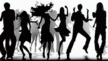 Gray and black silhouettes of dancing people, isolated on a white background. AI generated.