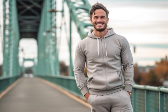 Lifestyle portrait photography of a grinning boy in his 30s wearing soft sweatpants against a picturesque bridge background. With generative AI technology