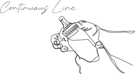 continuous line illustration of a hand holding a milk bottle