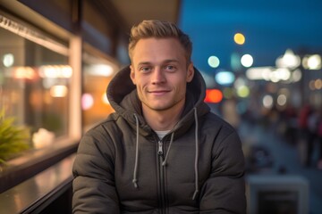 Fototapeta premium Lifestyle portrait photography of a glad mature boy wearing a cozy zip-up hoodie against a lively rooftop bar background. With generative AI technology