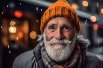 Close-up portrait photography of a satisfied old man wearing a warm beanie or knit hat against a lively rooftop bar background. With generative AI technology