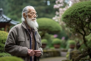 Photography in the style of pensive portraiture of a grinning old man wearing a denim jacket against a peaceful zen garden background. With generative AI technology