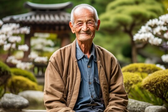 Photography in the style of pensive portraiture of a grinning old man wearing a denim jacket against a peaceful zen garden background. With generative AI technology