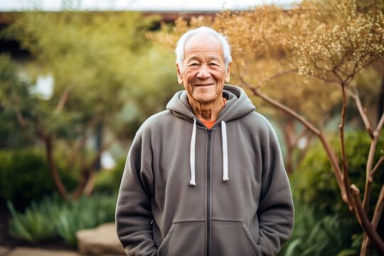 Lifestyle portrait photography of a joyful old man wearing a comfortable hoodie against a peaceful zen garden background. With generative AI technology