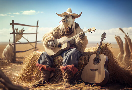 A goat in a hat with a human body sits on a haystack and plays the guitar. Abstract illustration. AI generated.