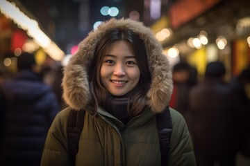 Headshot portrait photography of a satisfied girl in her 30s wearing a cozy winter coat against a lively night market background. With generative AI technology
