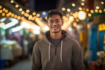 Fototapeta premium Lifestyle portrait photography of a glad boy in his 30s wearing a cozy sweater against a lively night market background. With generative AI technology