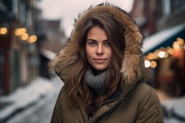 Studio portrait photography of a satisfied girl in her 30s wearing a cozy winter coat against a picturesque old town background. With generative AI technology