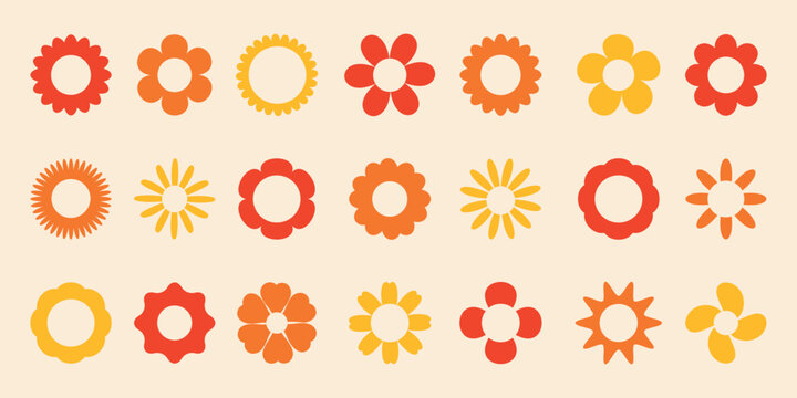 Groovy flowers in 70s, 80s retro vintage style. Abstract floral art set. Vector illustration.