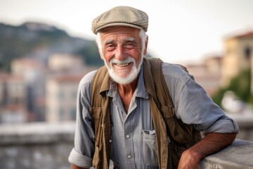 Fototapeta premium Environmental portrait photography of a grinning old man wearing comfortable jeans against a picturesque old town background. With generative AI technology