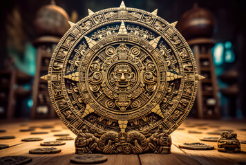 a large wooden aztec calendar with an ancient sigil, generative ai - obrazy, fototapety, plakaty