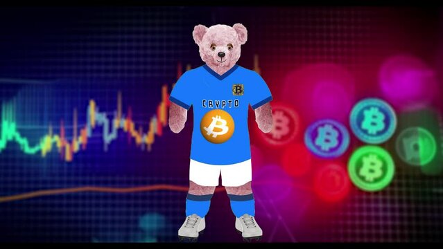 Crypto investor concept, soccer, keepy uppy, cartoon mascot looping animation. Bear investor cartoon with beige fur  and blue and white soccer kit. (Bitcoin logo used under creative commons license.)