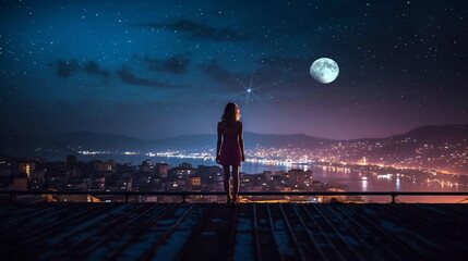 Fototapeta premium romantic man,woman,children,people standing on roof terrace and watch starry sky and moon and city blurred light on horizon romantic nature landscape,generated ai