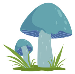 Growing stropharia fungus. Green nature. Cartoon mushroom