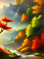 Fototapeta na wymiar Colorful autumn landscape. Autumn season with red majestic mountains.