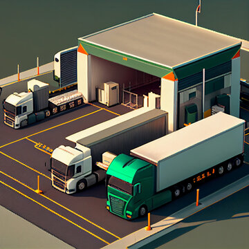 Abstract illustration, Loading a truck in a modern large logistics center. AI generated.