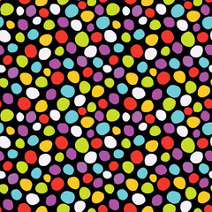 Black neon dots seamless vector pattern. Colorful small neon polka dots on black background.