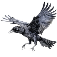 Fototapeta premium a black raven in flight, Wildlife-themed, cutout, isolated, photorealistic illustrations in a PNG. Generative AI