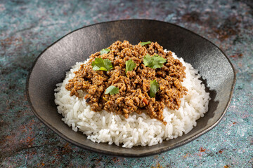 Rice with minced meat on the plate.