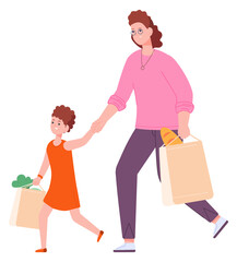Mother and girl carrying groceries in paper bags. Shopping together