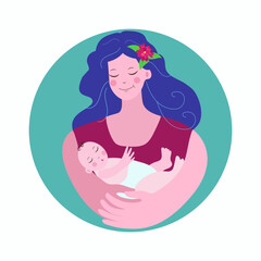 Young woman, mother with a baby in her arms. Infant, maternity, newborn, Breastfeeding Day. Children's Day. Vector illustration on isolated background.