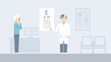 Ophthalmology clinic. The doctor checks the patient's eyesight. Healthcare vector concept. 