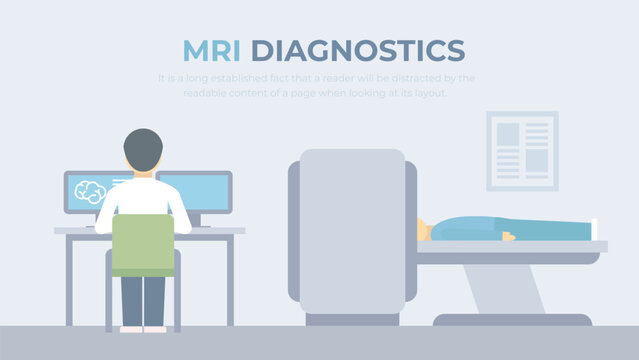 MRI diagnostics. A patient in a magnetic resonance tomograph. The doctor diagnoses patient's condition in the mri machine. Medical vector concept. 