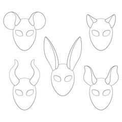 Set of carnival masks with rabbit, cat, mouse, horns ears. Isolated vector objects on white background.
